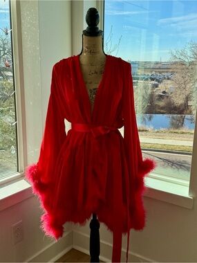 Red Sheer Feather Trim Women's Robe - Luxury Loungewear